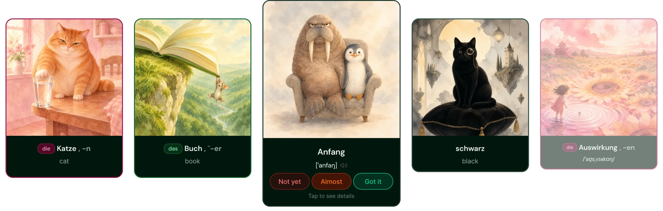 The first flashcard design: a horizontal swipe slider of illustrated cards. The centre card shows a walrus and a penguin in an armchair for the word “Anfang”, with Not yet, Almost and Got it grade buttons on the front. Neighbouring cards show “Buch” (book) and “schwarz” (black).