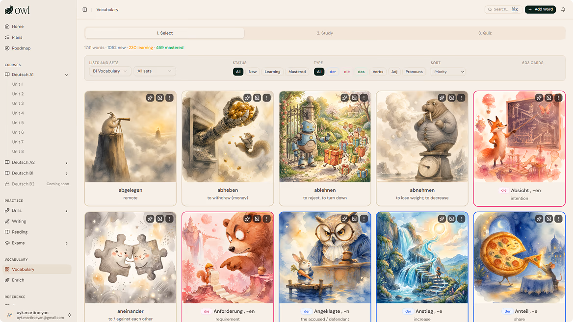 Vocabulary flashcard with an AI-generated visual memory scene