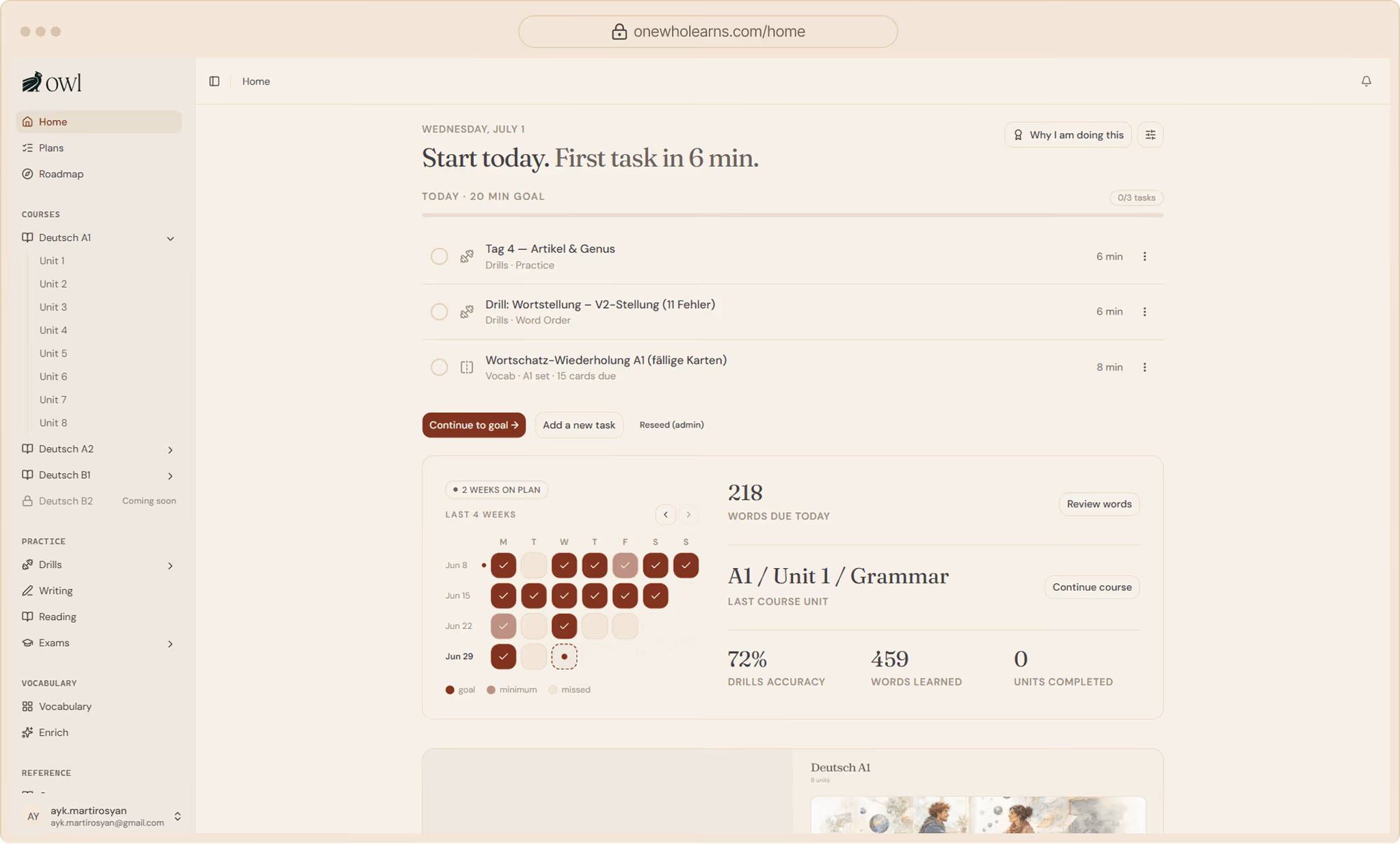 One Who Learns web dashboard at onewholearns.com/home
