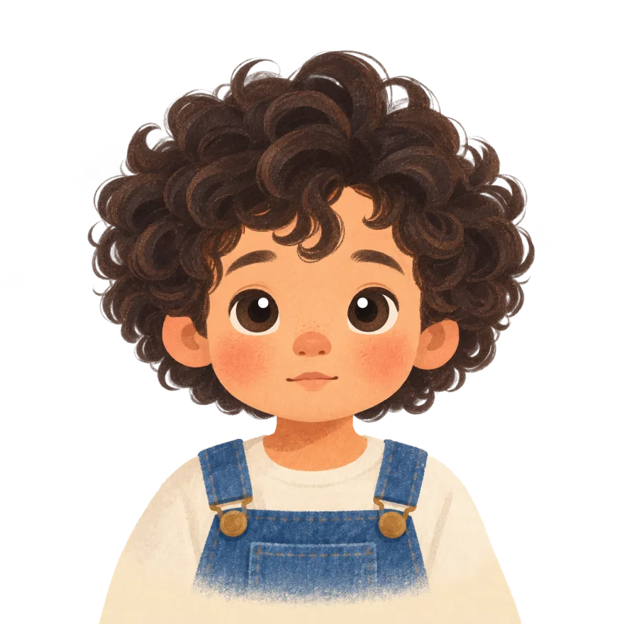 Pip, the AI tutor: a young child with curly brown hair in blue dungarees.